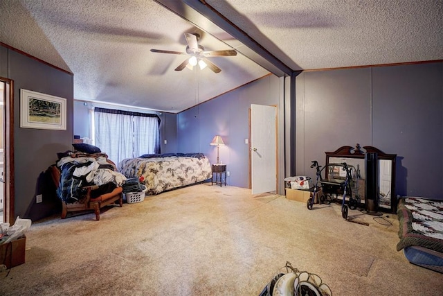 bedroom with vaulted ceiling with beams, a textured ceiling, ceiling fan, and carpet flooring