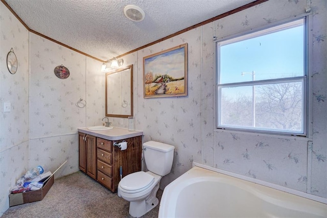 bathroom featuring crown molding, a wealth of natural light, vanity, and a textured ceiling