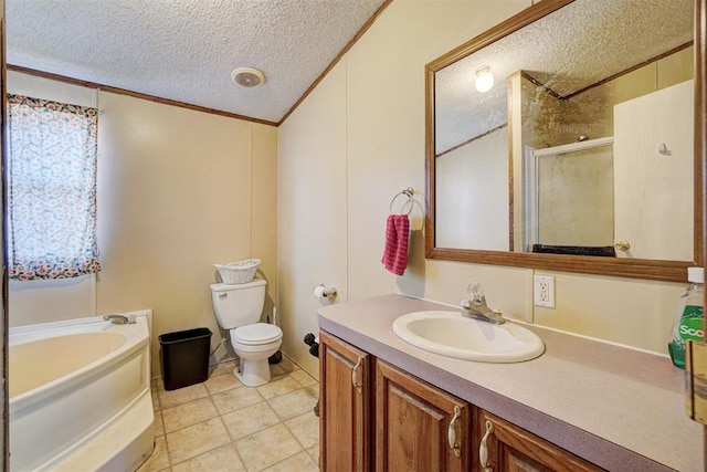 full bathroom with crown molding, vanity, a textured ceiling, independent shower and bath, and toilet