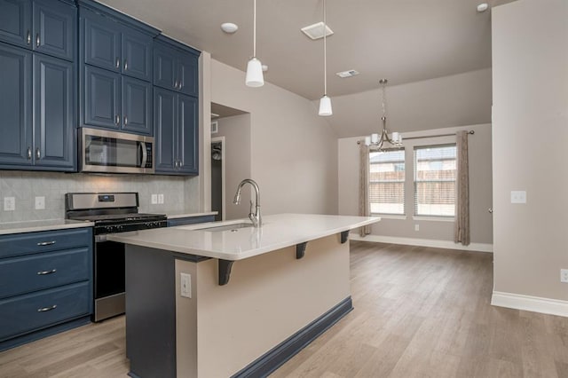 kitchen with sink, appliances with stainless steel finishes, blue cabinetry, and a kitchen island with sink