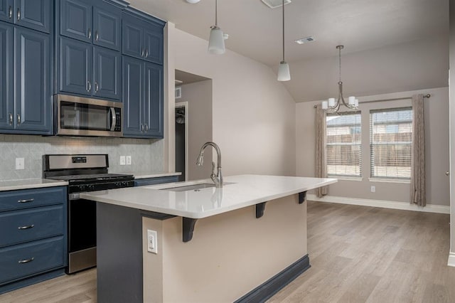 kitchen with blue cabinetry, sink, backsplash, stainless steel appliances, and a center island with sink