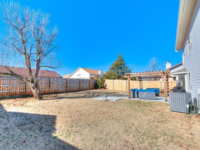 view of yard featuring central air condition unit, a patio area, an outdoor living space, and a pergola