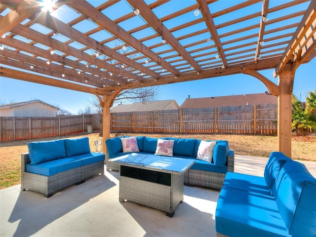 view of patio featuring outdoor lounge area and a pergola