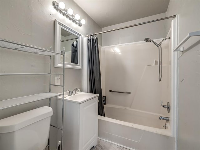 full bathroom featuring vanity, toilet, and shower / bathtub combination with curtain