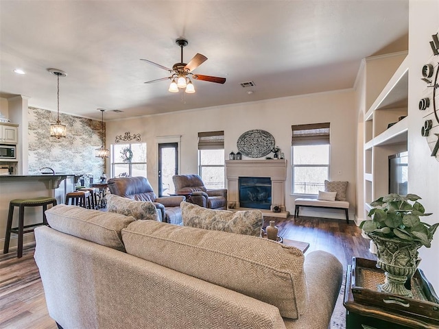 living room featuring ceiling fan, plenty of natural light, hardwood / wood-style floors, and crown molding