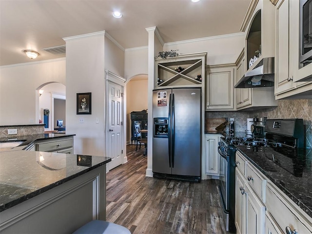 kitchen with black stove, dark hardwood / wood-style floors, stainless steel fridge with ice dispenser, and tasteful backsplash