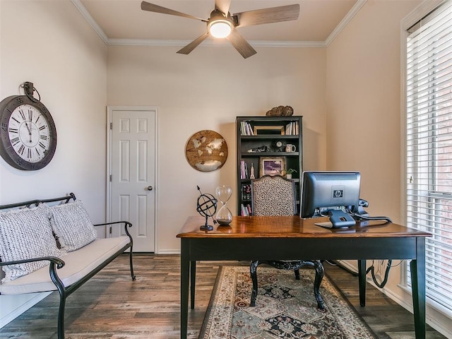 office area with hardwood / wood-style floors, plenty of natural light, and crown molding