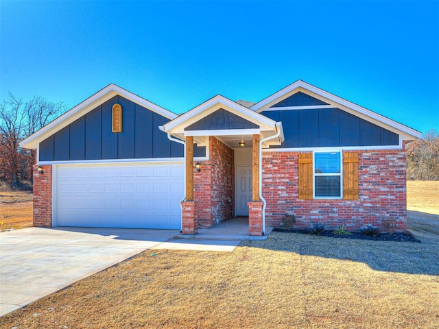 ranch-style house with board and batten siding, driveway, an attached garage, and brick siding