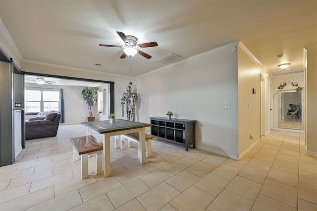 dining space featuring ceiling fan, ornamental molding, and light tile patterned flooring