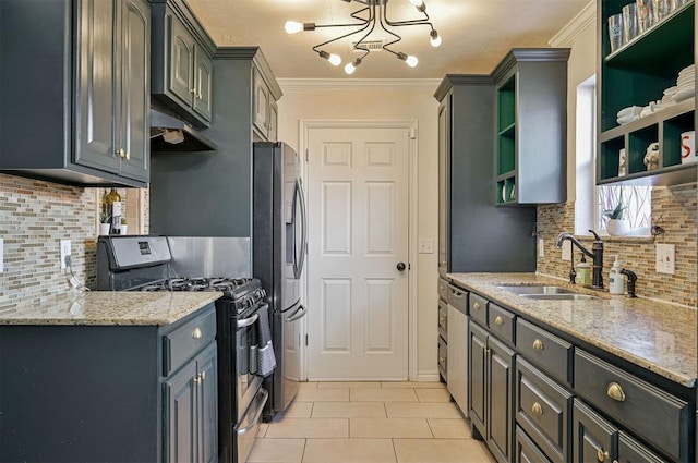 kitchen with backsplash, sink, appliances with stainless steel finishes, gray cabinetry, and light tile patterned floors