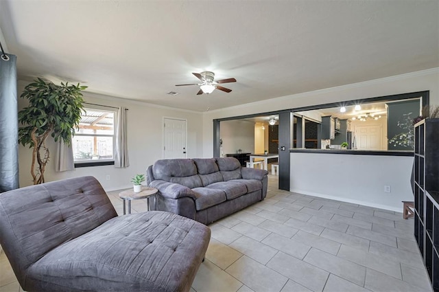 tiled living room featuring ceiling fan and ornamental molding