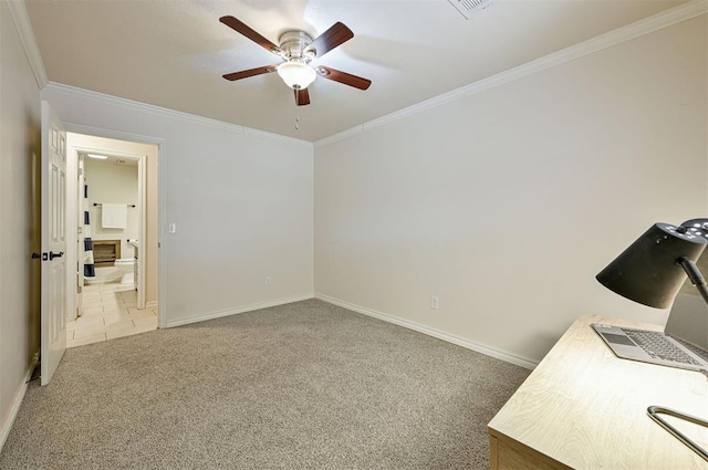 interior space with ceiling fan, carpet flooring, and ornamental molding