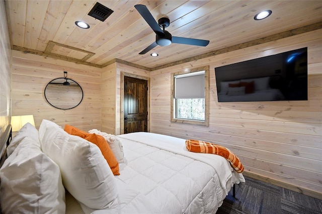 bedroom featuring ceiling fan, wood ceiling, and wood walls