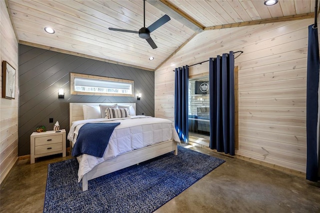 bedroom featuring ceiling fan, lofted ceiling with beams, wood ceiling, and wooden walls