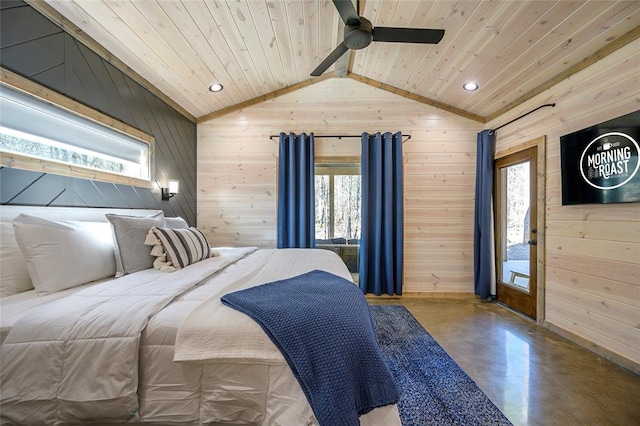 bedroom with wood ceiling, lofted ceiling, wooden walls, and concrete floors