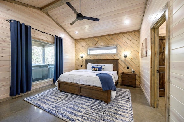 bedroom featuring concrete floors, lofted ceiling with beams, ceiling fan, wooden walls, and wood ceiling