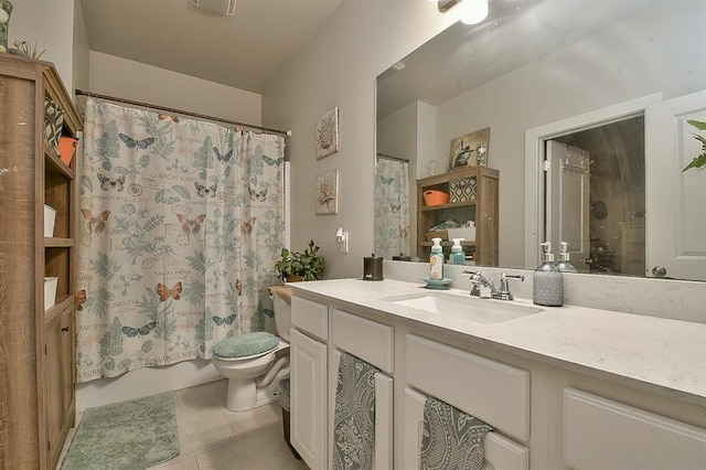 full bathroom with tile patterned floors, toilet, vanity, and shower / bath combination with curtain