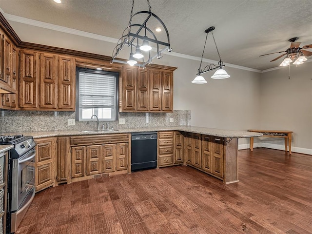 kitchen featuring hanging light fixtures, stainless steel range with gas cooktop, dark hardwood / wood-style floors, black dishwasher, and kitchen peninsula