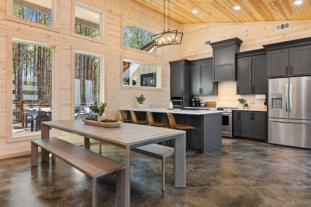 kitchen with appliances with stainless steel finishes, decorative light fixtures, wooden ceiling, a kitchen island with sink, and a breakfast bar