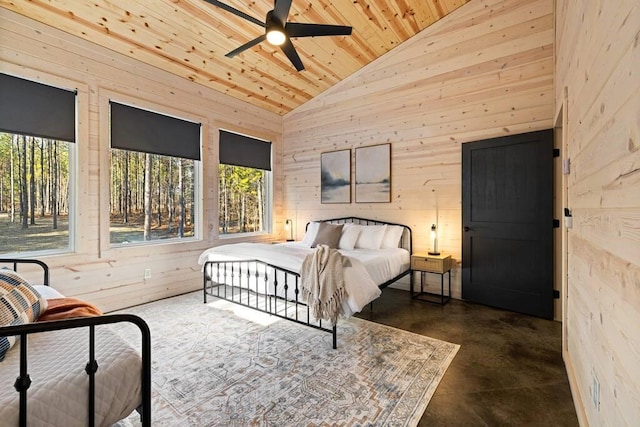 bedroom with ceiling fan, high vaulted ceiling, wooden walls, and wooden ceiling