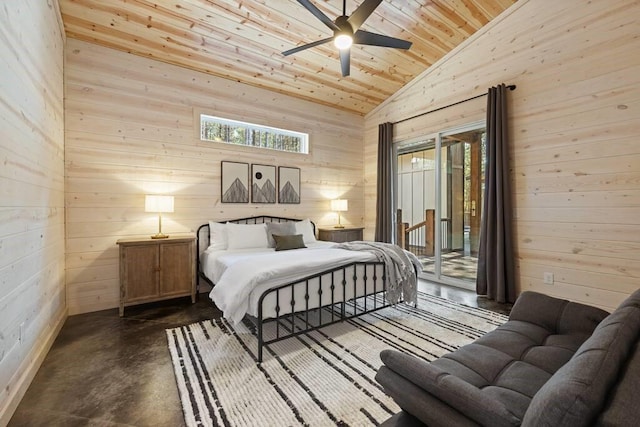 bedroom featuring ceiling fan, access to outside, wood ceiling, high vaulted ceiling, and wooden walls