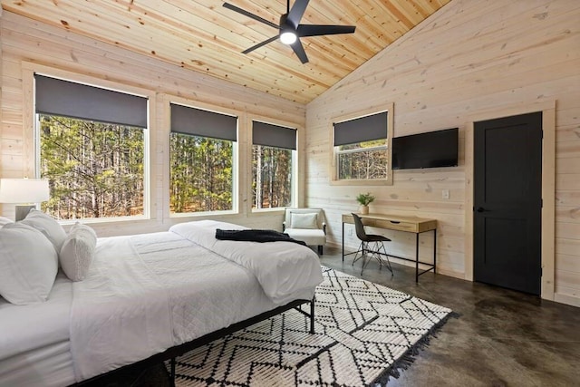 bedroom featuring ceiling fan, wooden ceiling, high vaulted ceiling, and wooden walls