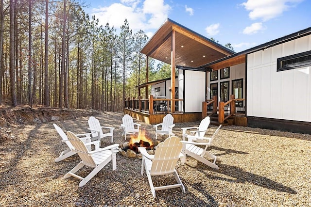 view of patio / terrace with a fire pit