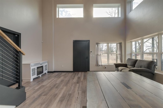 living room featuring a high ceiling and light hardwood / wood-style floors