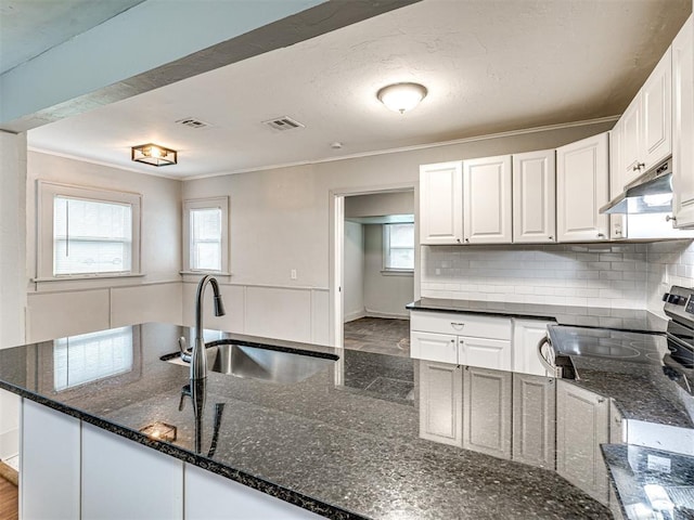 kitchen with sink, white cabinetry, and dark stone counters