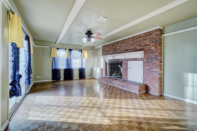 unfurnished living room featuring parquet floors, a fireplace, beamed ceiling, and ceiling fan