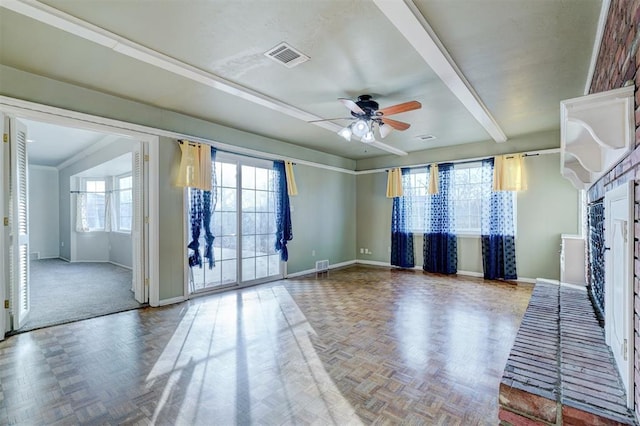 interior space with parquet floors and ceiling fan