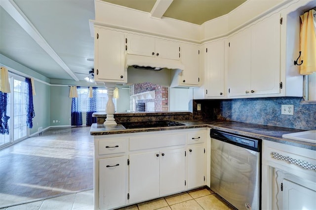 kitchen with dishwasher, tasteful backsplash, black electric stovetop, white cabinets, and kitchen peninsula