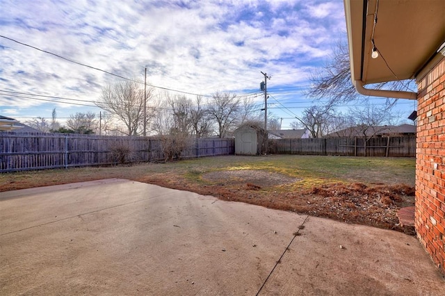 view of yard with a patio and a shed