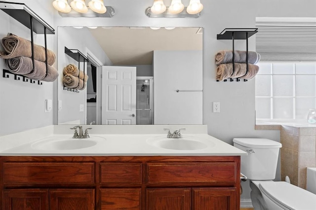 bathroom with vanity, toilet, and walk in shower