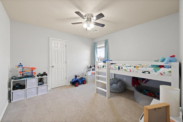 bedroom featuring carpet and ceiling fan