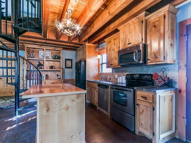 kitchen with a notable chandelier, beamed ceiling, decorative backsplash, a kitchen island, and stainless steel appliances