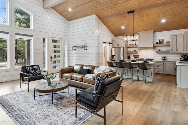 living room featuring wood ceiling, beam ceiling, wooden walls, high vaulted ceiling, and light wood-type flooring