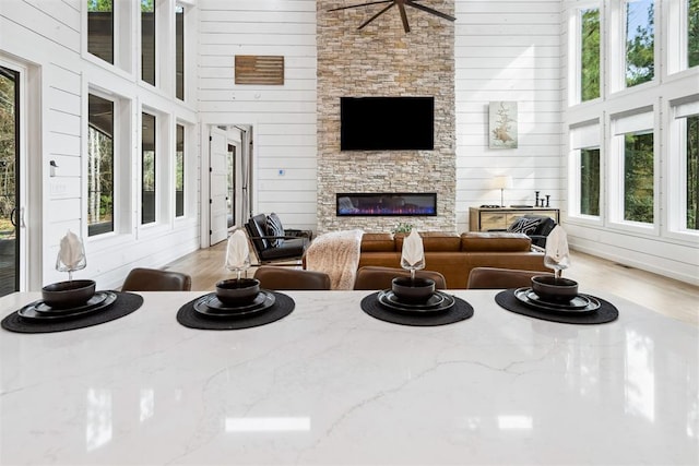 living room with a fireplace, a healthy amount of sunlight, and a high ceiling