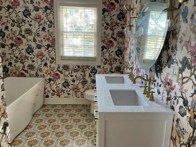 bathroom with vanity, toilet, and a bathing tub