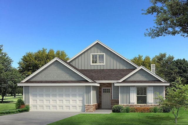craftsman house with board and batten siding, an attached garage, driveway, roof with shingles, and a front yard