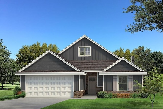craftsman house with board and batten siding, brick siding, a front yard, and a garage