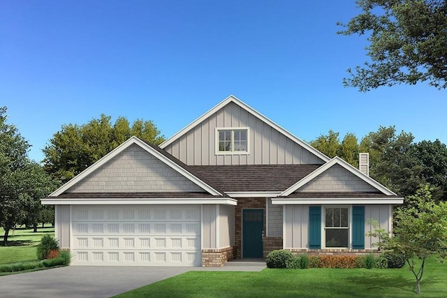 craftsman-style house featuring board and batten siding, driveway, a front yard, and a garage