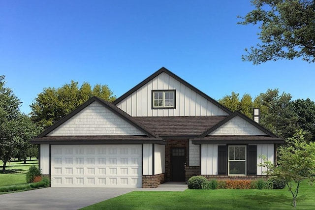 view of front of house with board and batten siding, a front lawn, roof with shingles, and a garage
