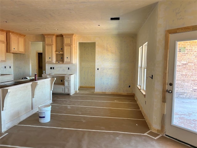 kitchen featuring baseboards, a wealth of natural light, and light brown cabinetry