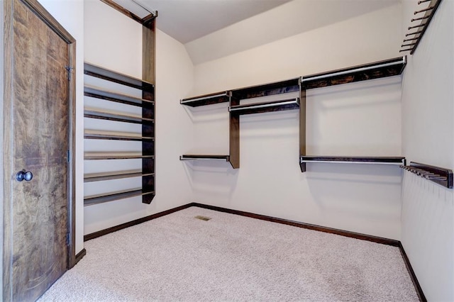 spacious closet featuring carpet flooring and vaulted ceiling