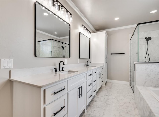 bathroom featuring ornamental molding, plus walk in shower, and vanity