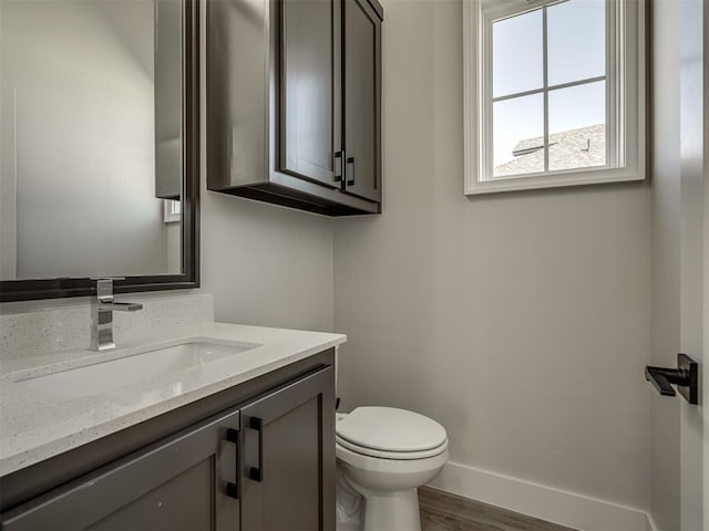 bathroom featuring vanity, toilet, and wood-type flooring