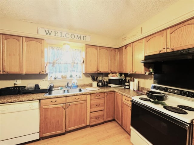 kitchen with sink, a textured ceiling, light wood-type flooring, range with electric stovetop, and white dishwasher