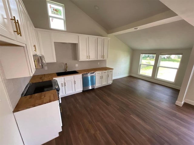 kitchen with white cabinetry, dishwasher, sink, and dark wood-type flooring