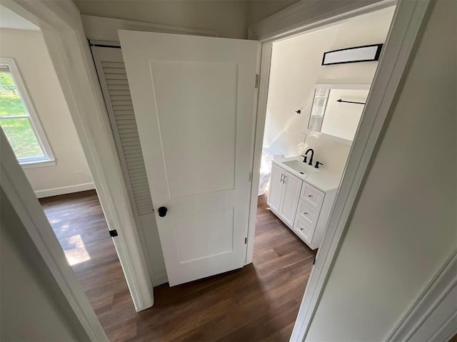 bathroom with vanity and hardwood / wood-style floors